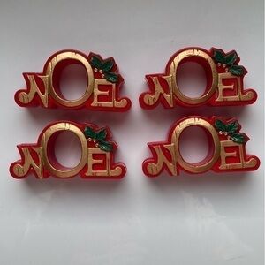 Crate&Barrel Holiday Red Green Gold Plastic Resin Noel Joy Napkin Rings Set of 4